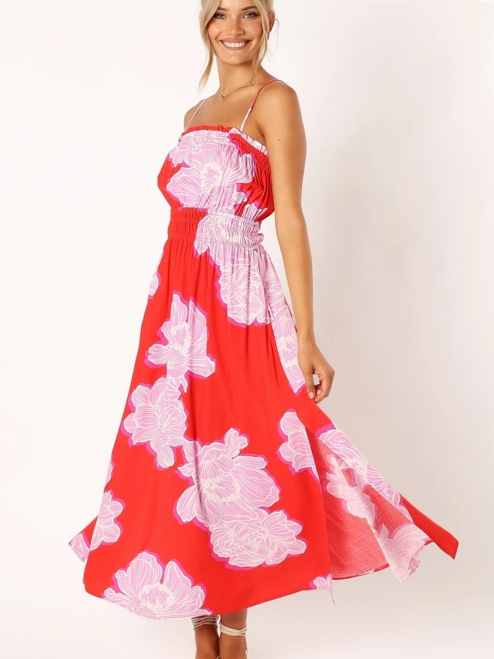 Petal & Pup Red Maxi Dress with Pink Floral Print